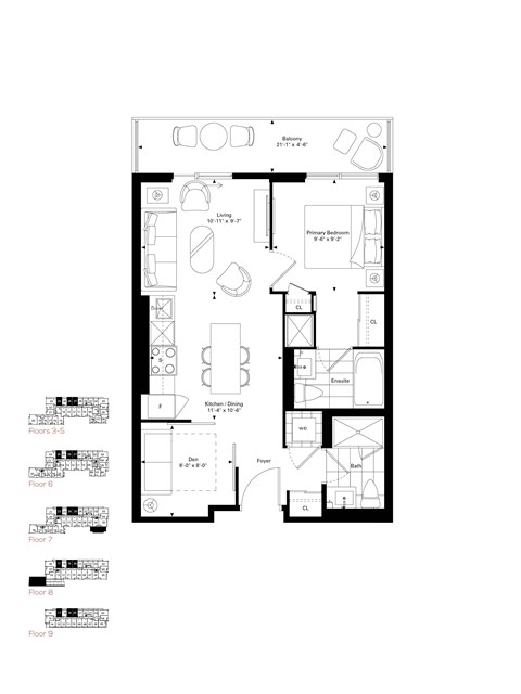 Floor plan for 1 bed, 1 bath, 625 sqft